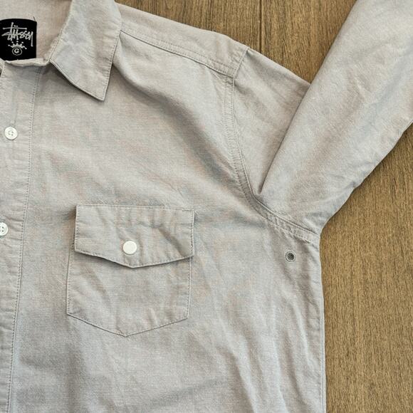 Stussy Shirt Men Medium Beige Logo Back Crown Tag Oxford Streetwear Skater 00s - Picture 5 of 13